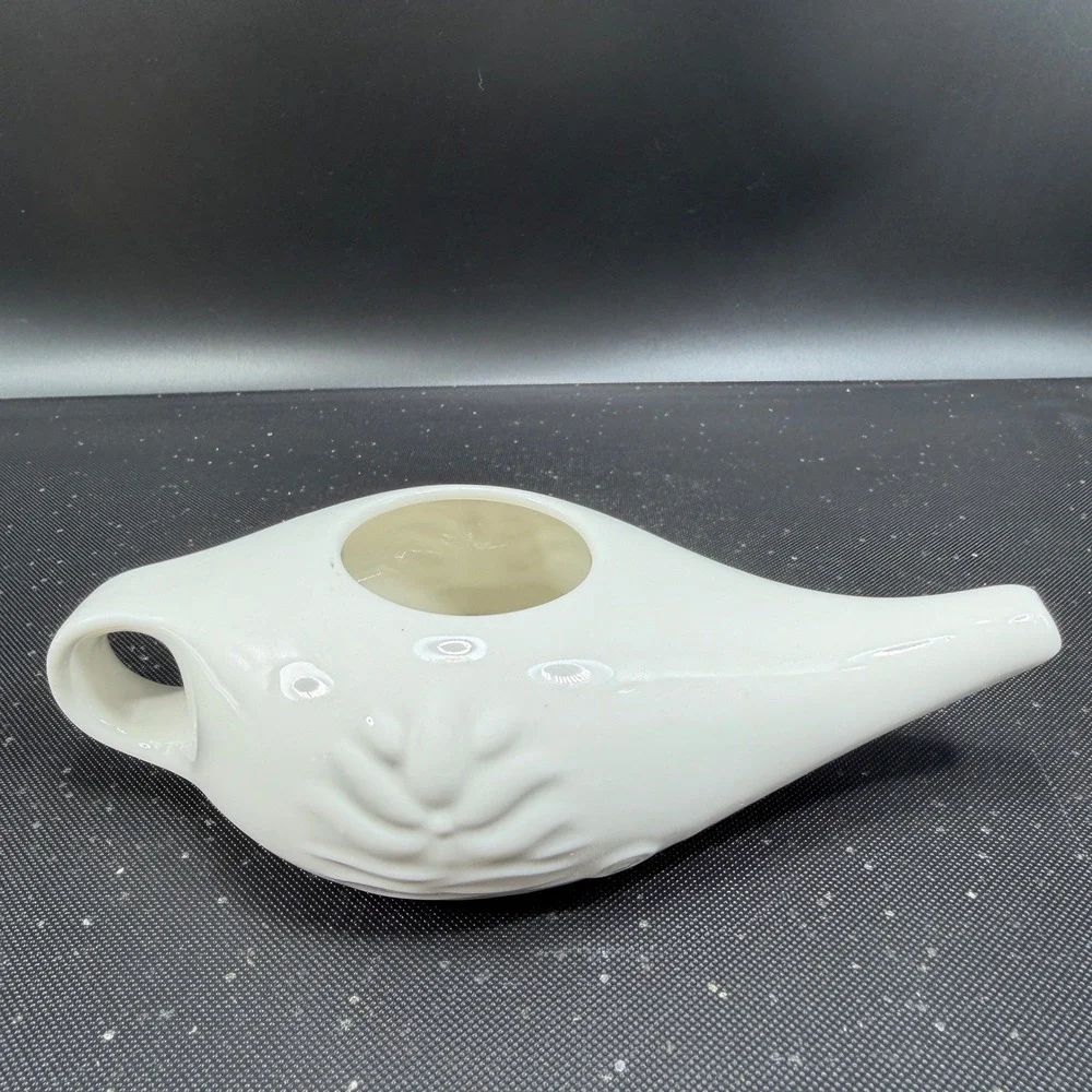 Himalayan Institute Varcho Veda Ceramic Neti Pot White Lotus‎ Flower Design 7in